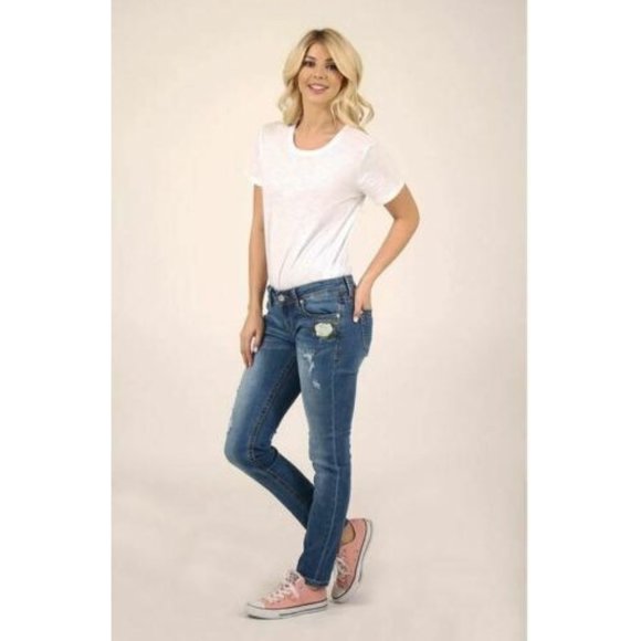Grace in LA Women's Distressed Floral Embroidered Skinny Stretch Jeans w/ Rips - Picture 5 of 7